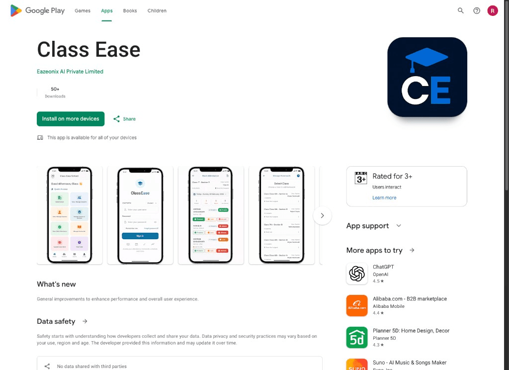 Class Ease Google Play listing with attendance and class screens
