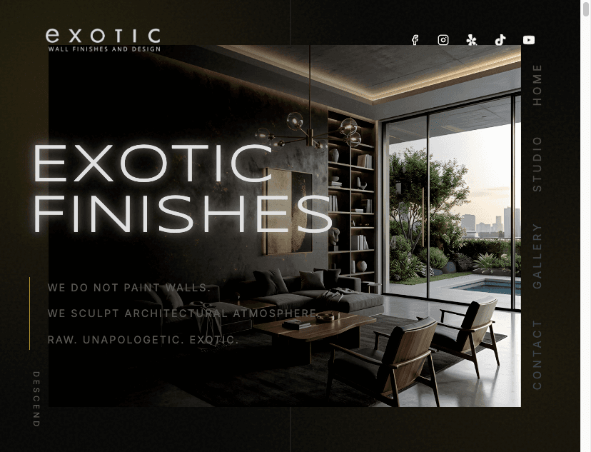 Exotic Wall Finishes homepage with a dark plaster living room