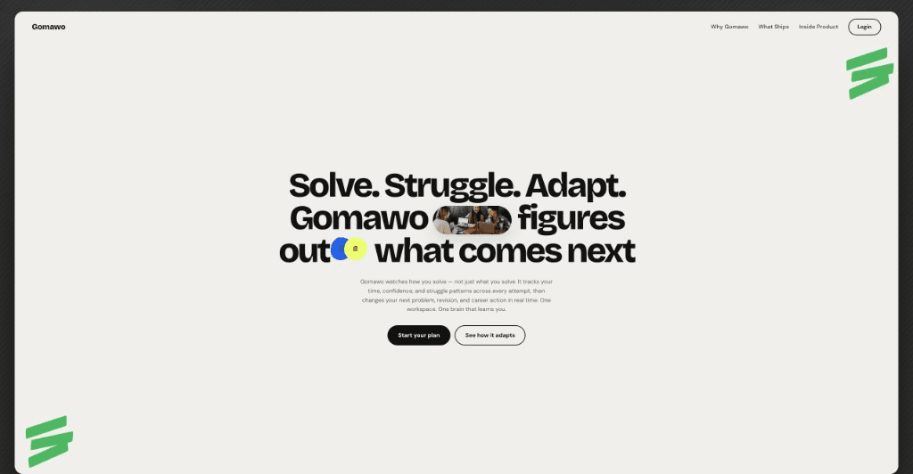 Gomawo homepage: Solve. Struggle. Adapt.