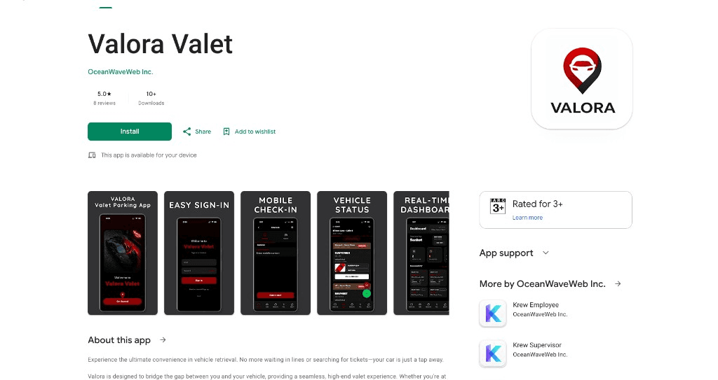 Valora Valet Google Play listing with check-in and dashboard screens